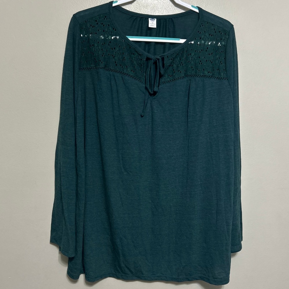 Old Navy Blouse 2X Teal Green Lace Yoke Boho Long Sleeve Cottagecore Peasant Top - Picture 1 of 9